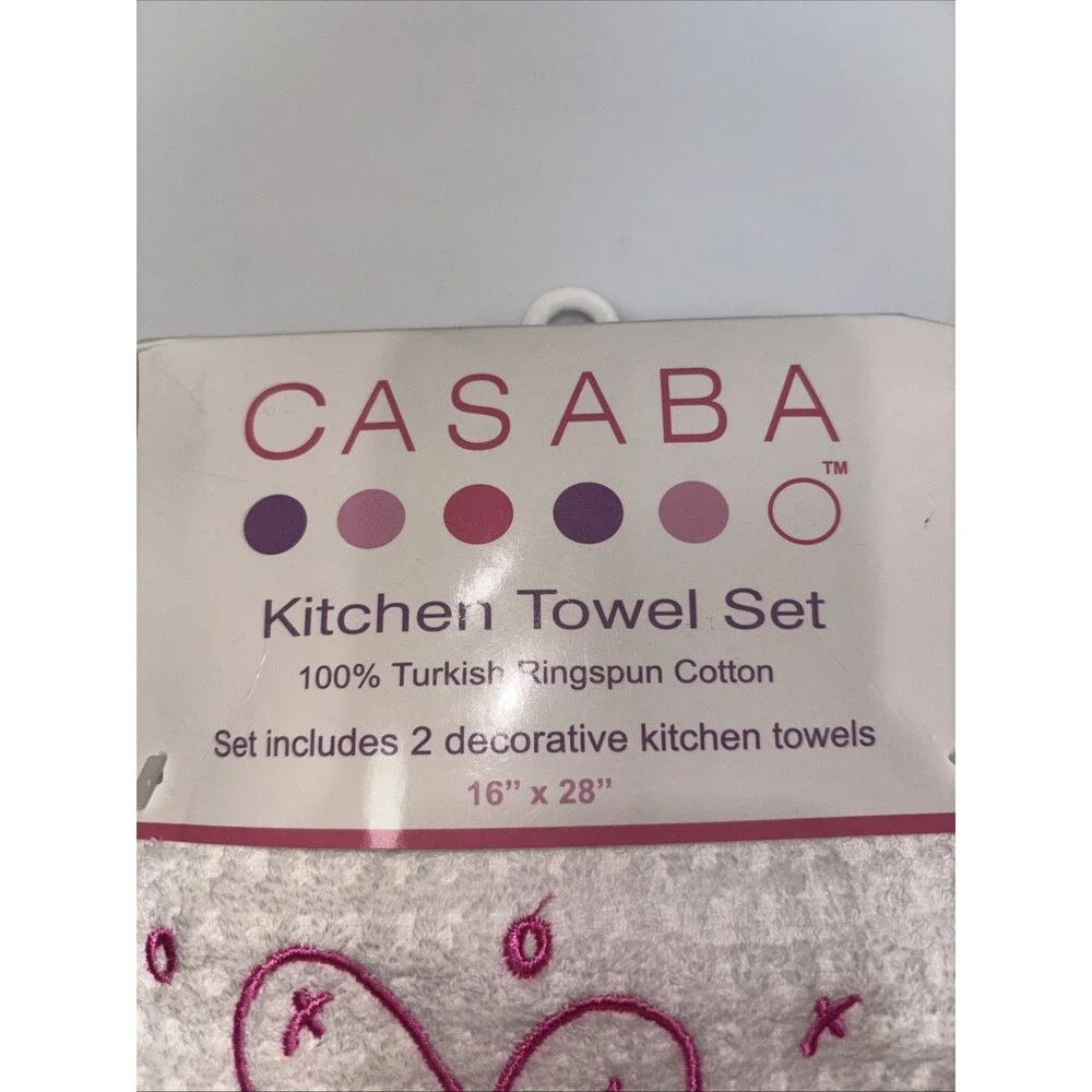 CASABA Kitchen Towel Set Of 2 Turkish Cotton White Pink Kiss Me! Embroidered